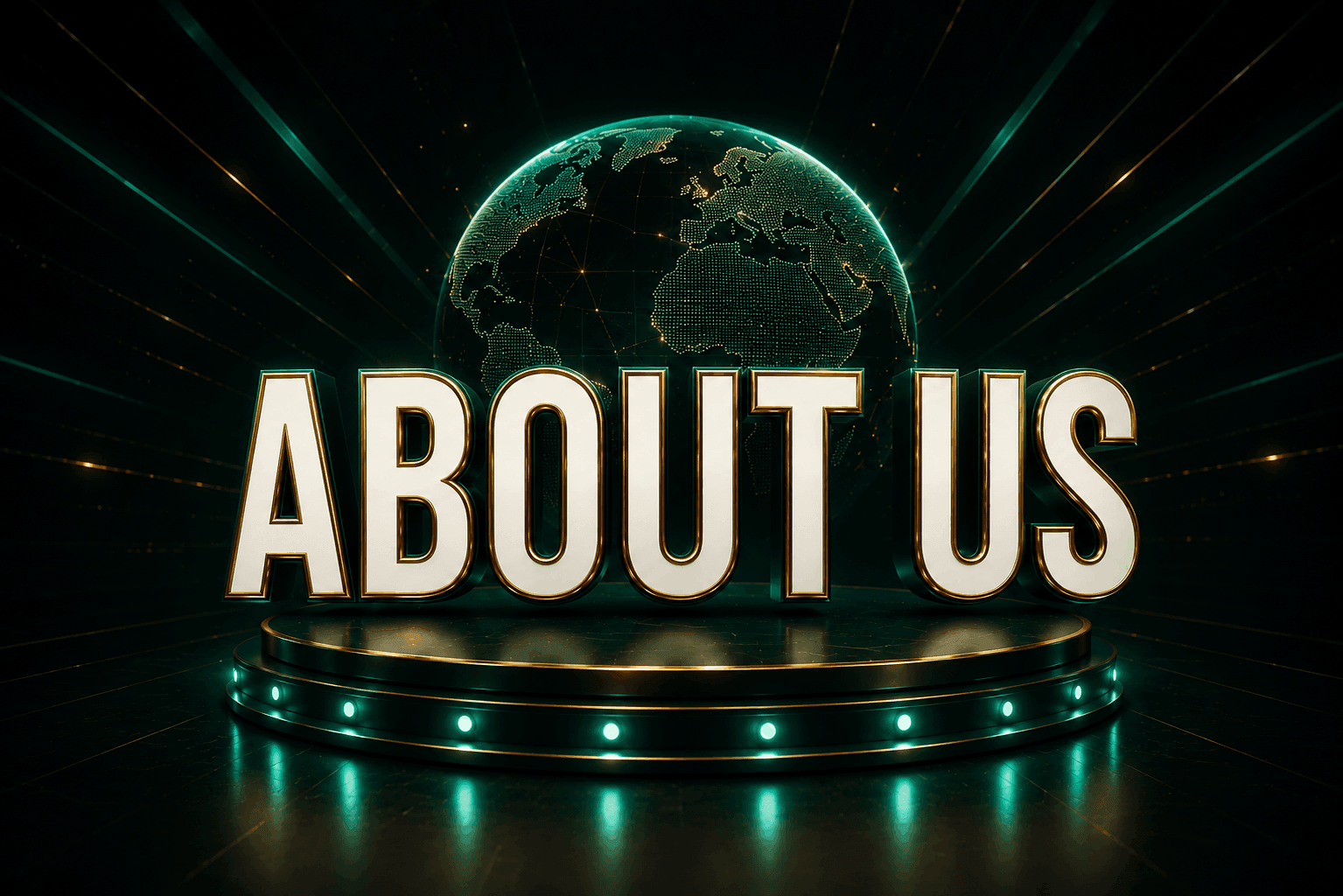 3D illuminated text "ABOUT US" on a circular platform with a glowing digital globe in the background, set against a dark futuristic backdrop with teal and gold lighting effects.